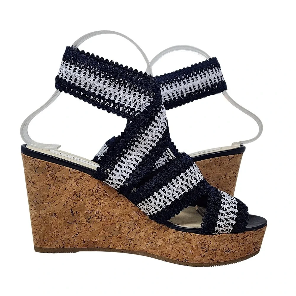 LK‎ Bennett Cork Wedge Sandals 38 7 Womens Navy Blue White Striped Crochet Spain